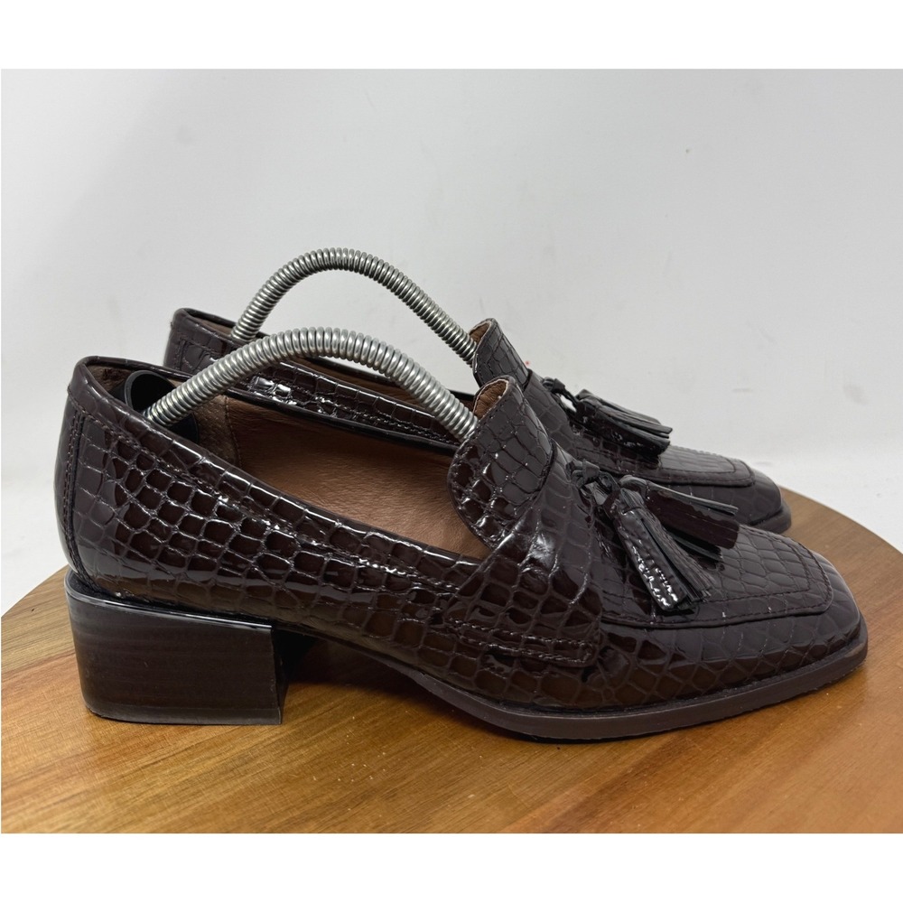 Donald Pliner Brown Avi Croc Embossed Patent Tassel Loafers Block Heel 6M